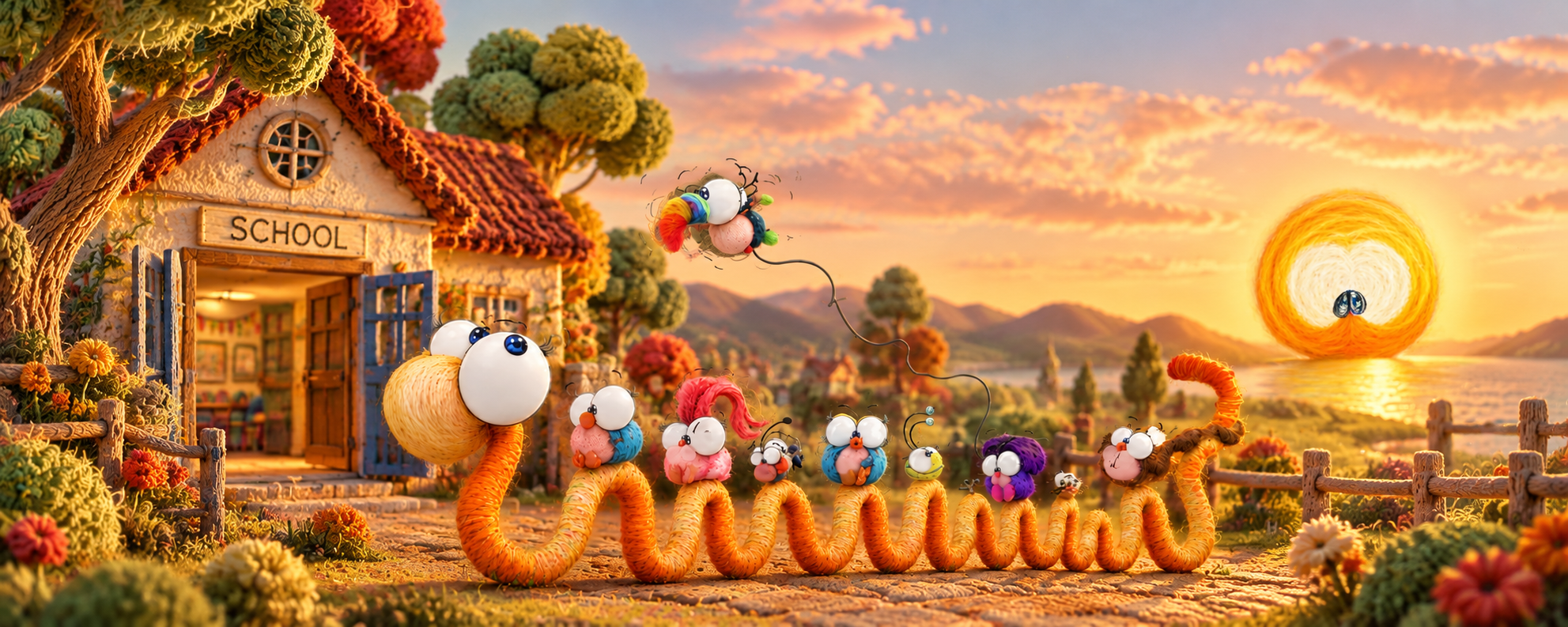 Ali and the little MONOCUCOS leaving school in a world made of yarn